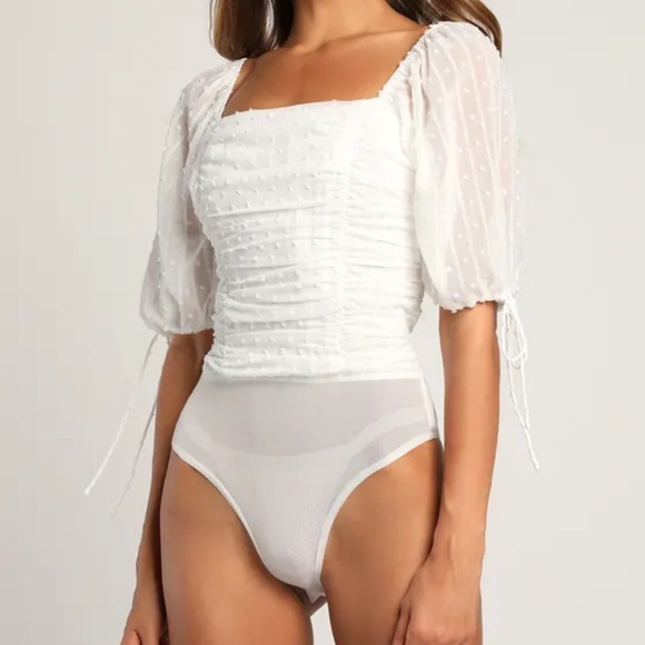 Lulus Think of Me Ivory Swiss Dot Ruched Bodysuit - Picture 6 of 7